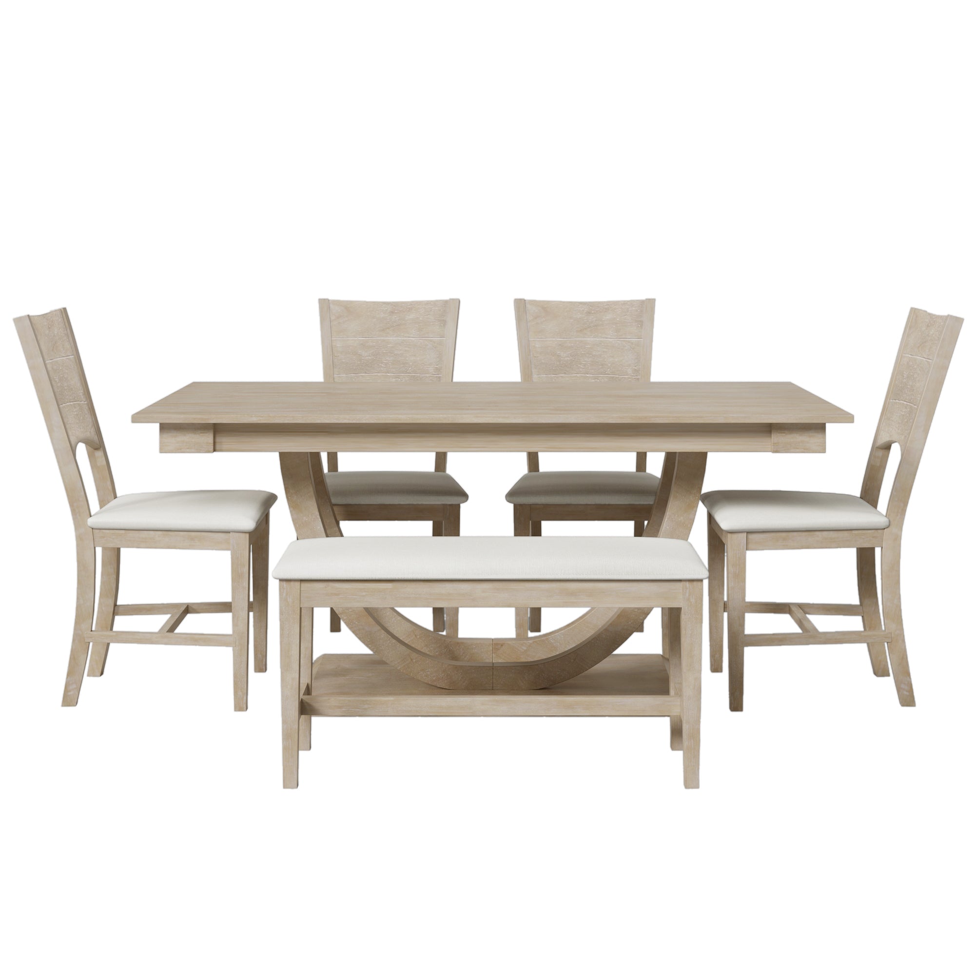 TOPMAX Modern Style Natural Wood 6-Piece Dining Table Set with Bench and Chairs, Upholstered Seats, Rubberwood Frame - Grand Goldman Shop