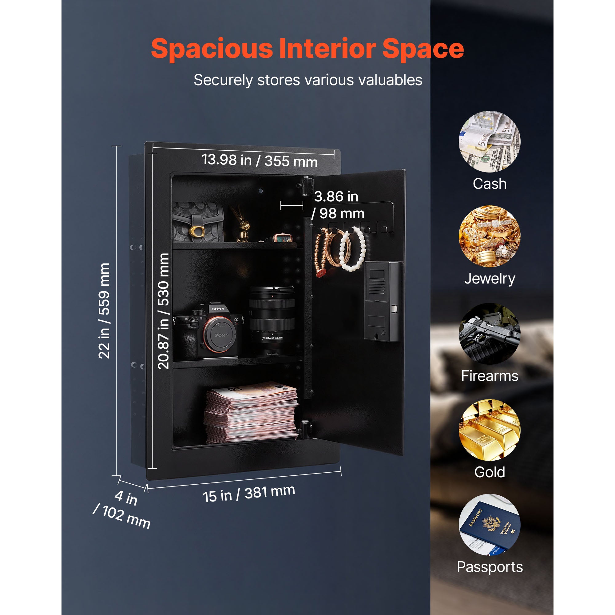Wall Safe, 3-Tier Hidden Wall Safe with Fingerprint, Password, Key & Turning Knob, Q235 Cold-Rolled Steel In-Wall Box with Ad