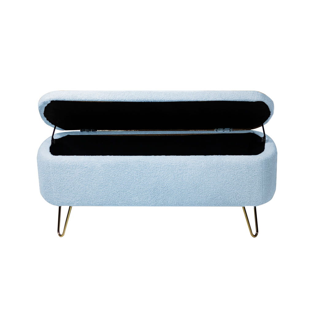 Blue Storage Ottoman Bench for End of Bed Gold Legs, Modern Grey Faux Fur Entryway Bench Upholstered Padded with Storage for Living Room Bedroom - Grand Goldman Shop