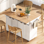 K&K 55.5' Fluted Kitchen Island with 2 Drop Leaf, Kitchen Storage Cart with Power Outlet, 4 Doors, Spice rack, Rolling Island Table with Wood-grain Top, Curved Edge for Kitchen, Dining Room,White - Grand Goldman Shop