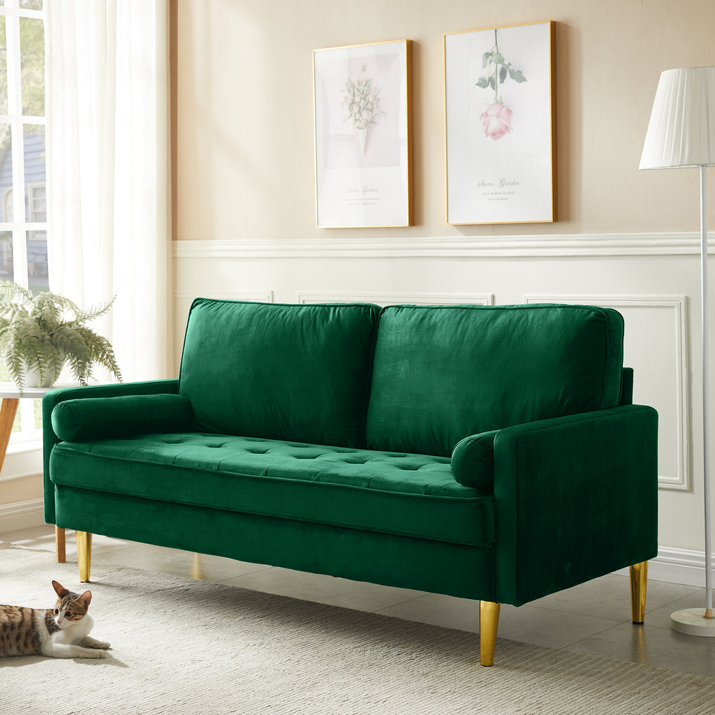 65-inch minimalist velvet sofa with metallic-coloured legs, complete with cushions, suitable for the living room or bedroom. - Grand Goldman Shop