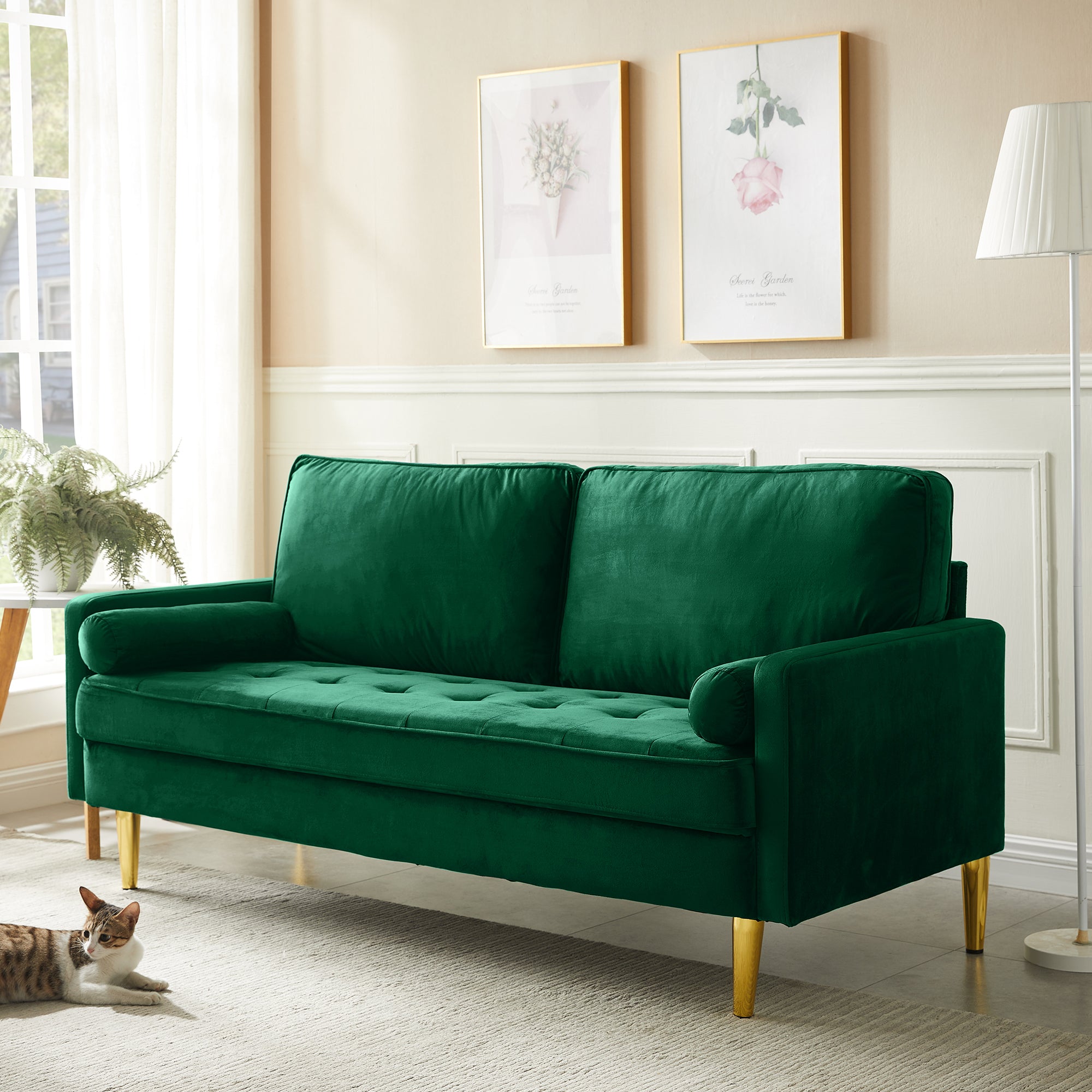 65-inch minimalist velvet sofa with metallic-coloured legs, complete with cushions, suitable for the living room or bedroom. - Grand Goldman Shop