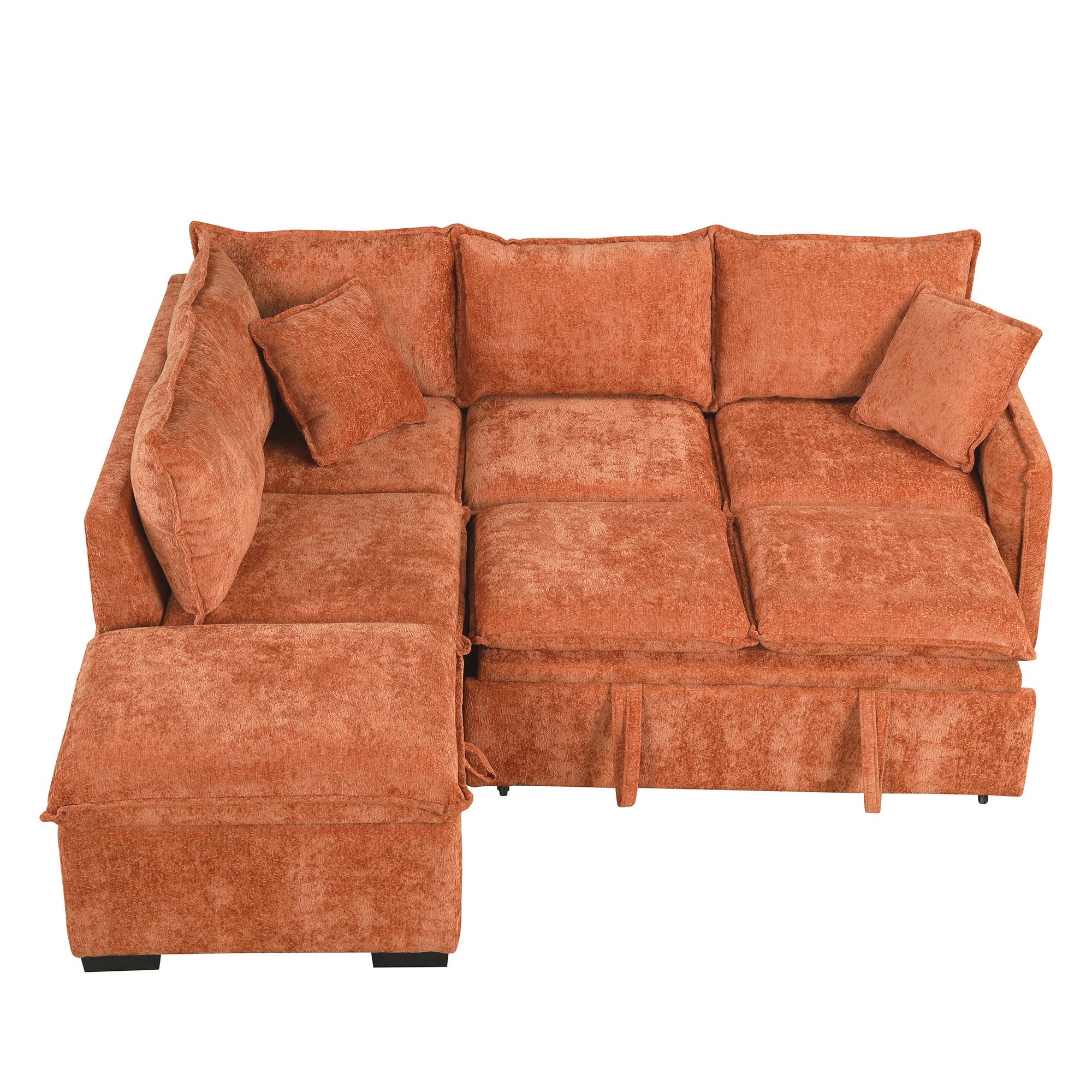 Convertible L-shaped Sofa Bed with Storage Ottoman, Power Sockets & USB Ports, Orange Chenille, 82.67' - Grand Goldman Shop
