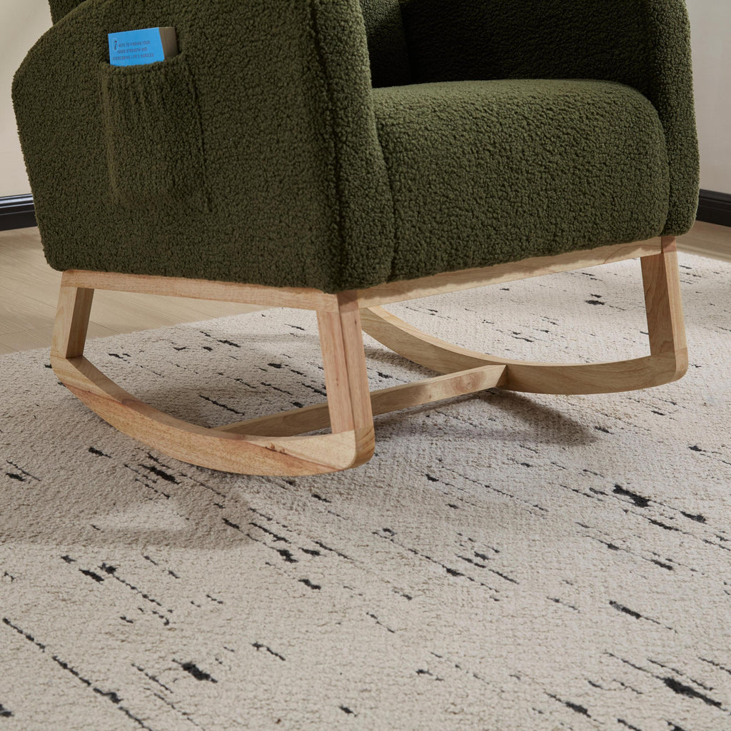 Modern Accent Rocking Chair Rocking Chair with Solid Wood Legs, Upholstered Nursery Glider Rocker, Comfy Armchair with Side Pocket, Living Room Lounge Arm Chair with High Backrest (green,teddy) - Grand Goldman Shop