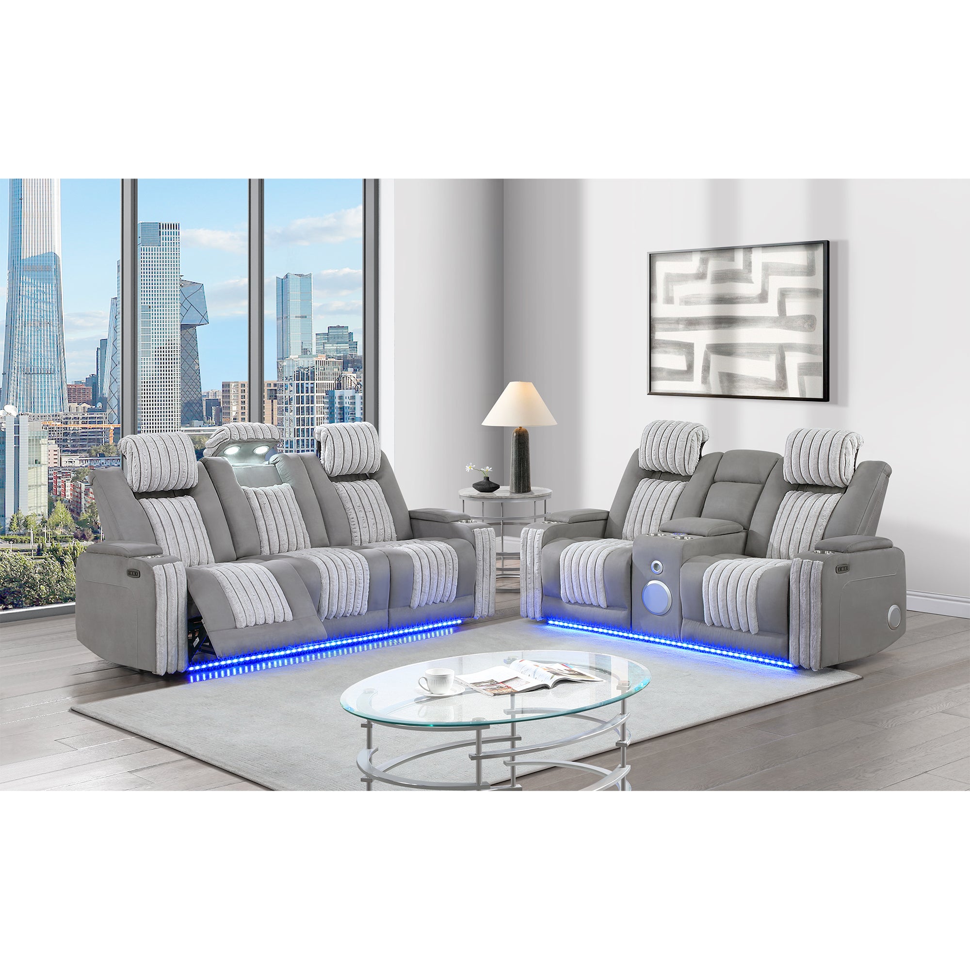 Duran Grey 2PC Power Reclining Sofa and Loveseat with Power Headrest, LED, USB, and Bluetooth Speaker - Grand Goldman Shop