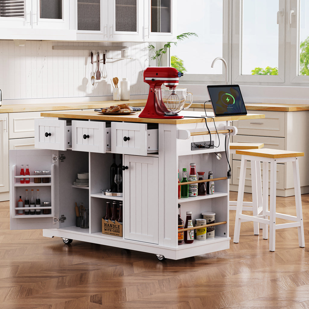 K&K 53inch Large Kitchen Island with Drop Leaf,Power Outlet,Door Internal Storage Rack,Rolling Kitchen Cart on 5 Wheels with 5 Open Side Racks for Kitchen,White (Two Packages)(Stools not included) - Grand Goldman Shop