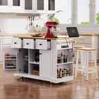 K&K 53inch Large Kitchen Island with Drop Leaf,Power Outlet,Door Internal Storage Rack,Rolling Kitchen Cart on 5 Wheels with 5 Open Side Racks for Kitchen,White (Two Packages)(Stools not included) - Grand Goldman Shop