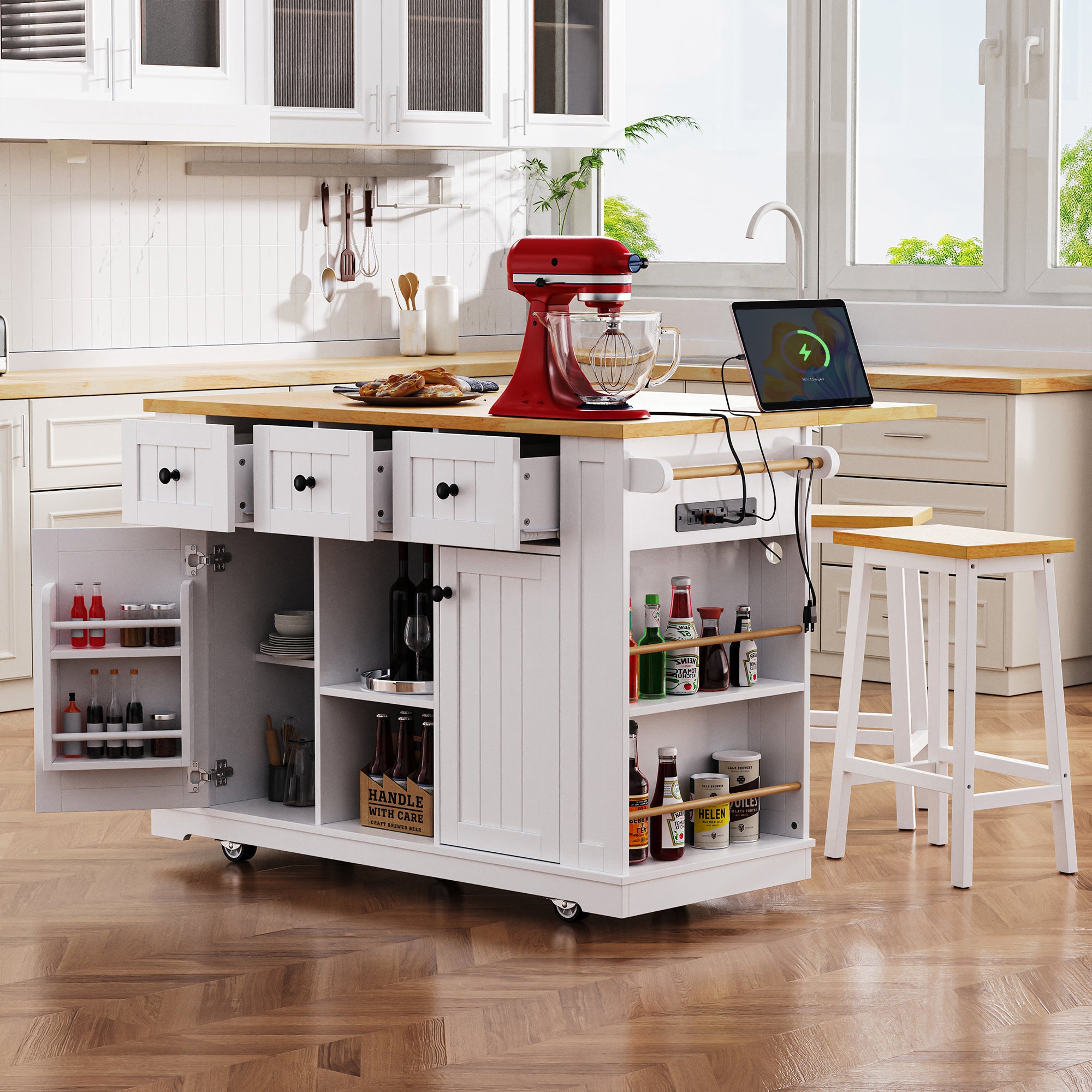 K&K 53inch Large Kitchen Island with Drop Leaf,Power Outlet,Door Internal Storage Rack,Rolling Kitchen Cart on 5 Wheels with 5 Open Side Racks for Kitchen,White (Two Packages)(Stools not included) - Grand Goldman Shop