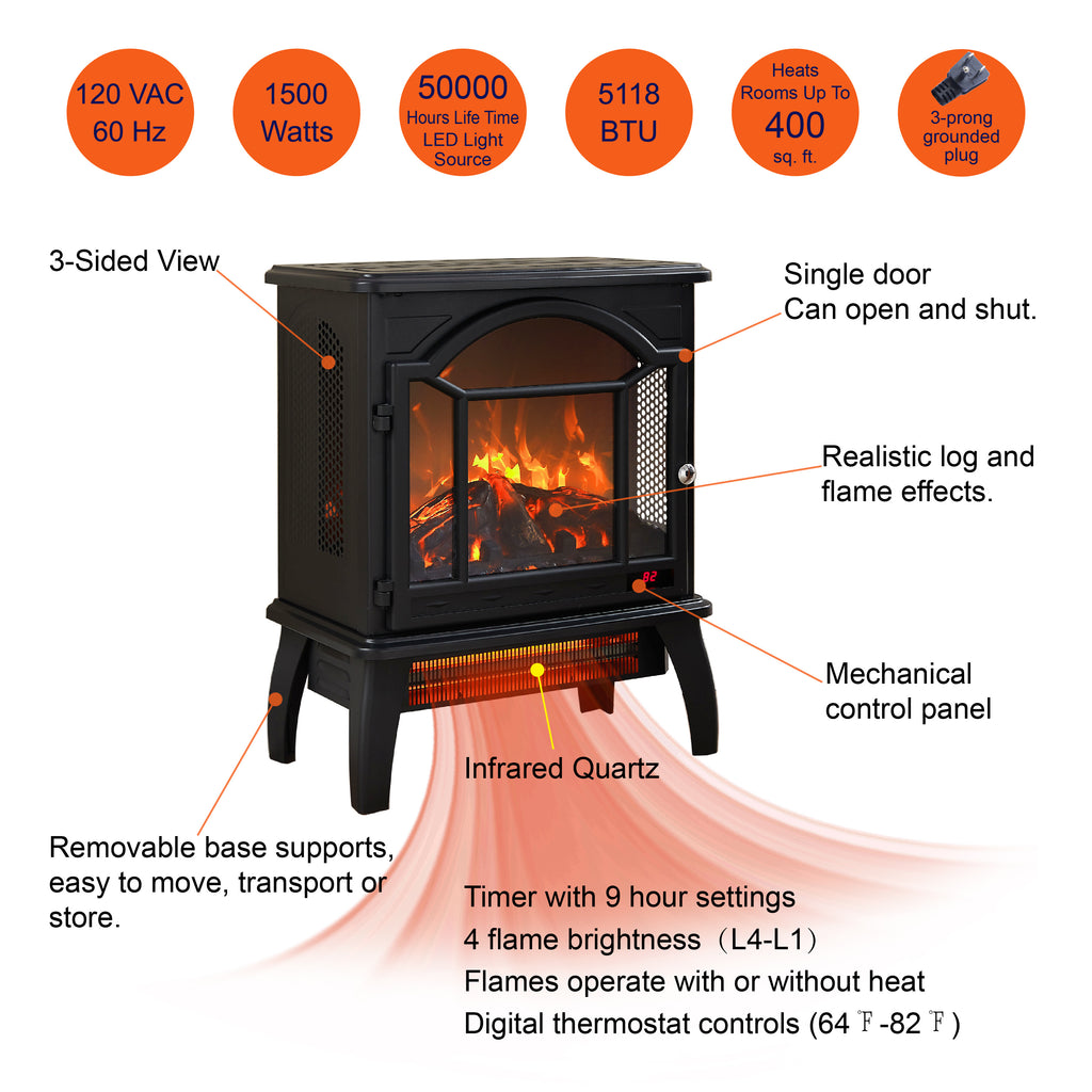 Classical Free-Standing 3D Flame Electric Infrared Quartz Fireplace Stove with Remote Control in Antique Black - Grand Goldman Shop