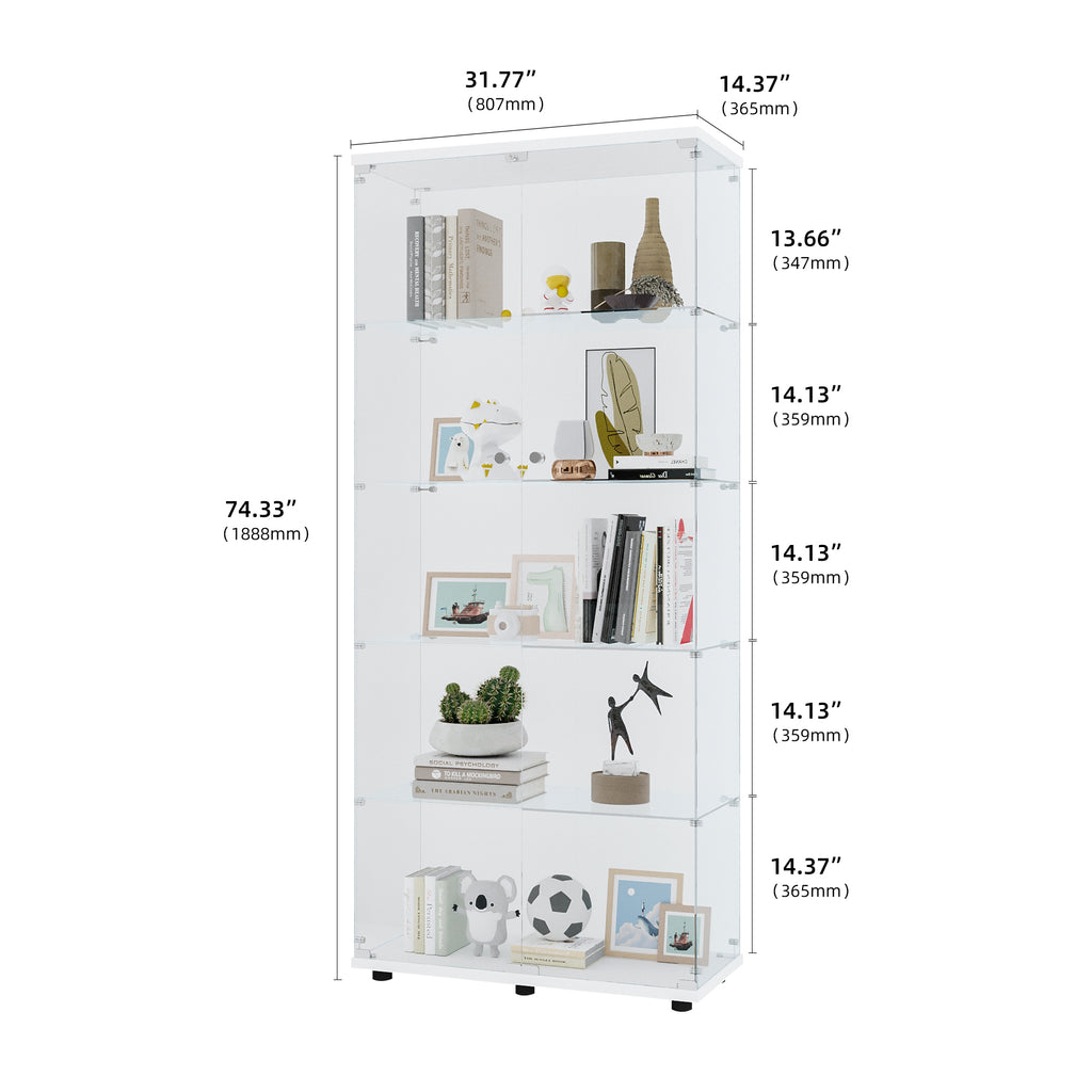 Glass Display Cabinet with 5 Shelves Double Door, Curio Cabinets for Living Room, Bedroom, Office, White Floor Standing Glass