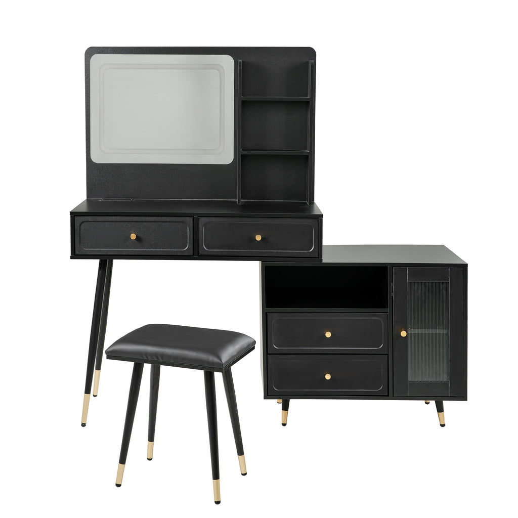 Modern Makeup Vanity Desk with Mirror and Lights, Retractable Design, Black Engineered Wood, 58.50 x 15.80 x 52.30 inches - Grand Goldman Shop