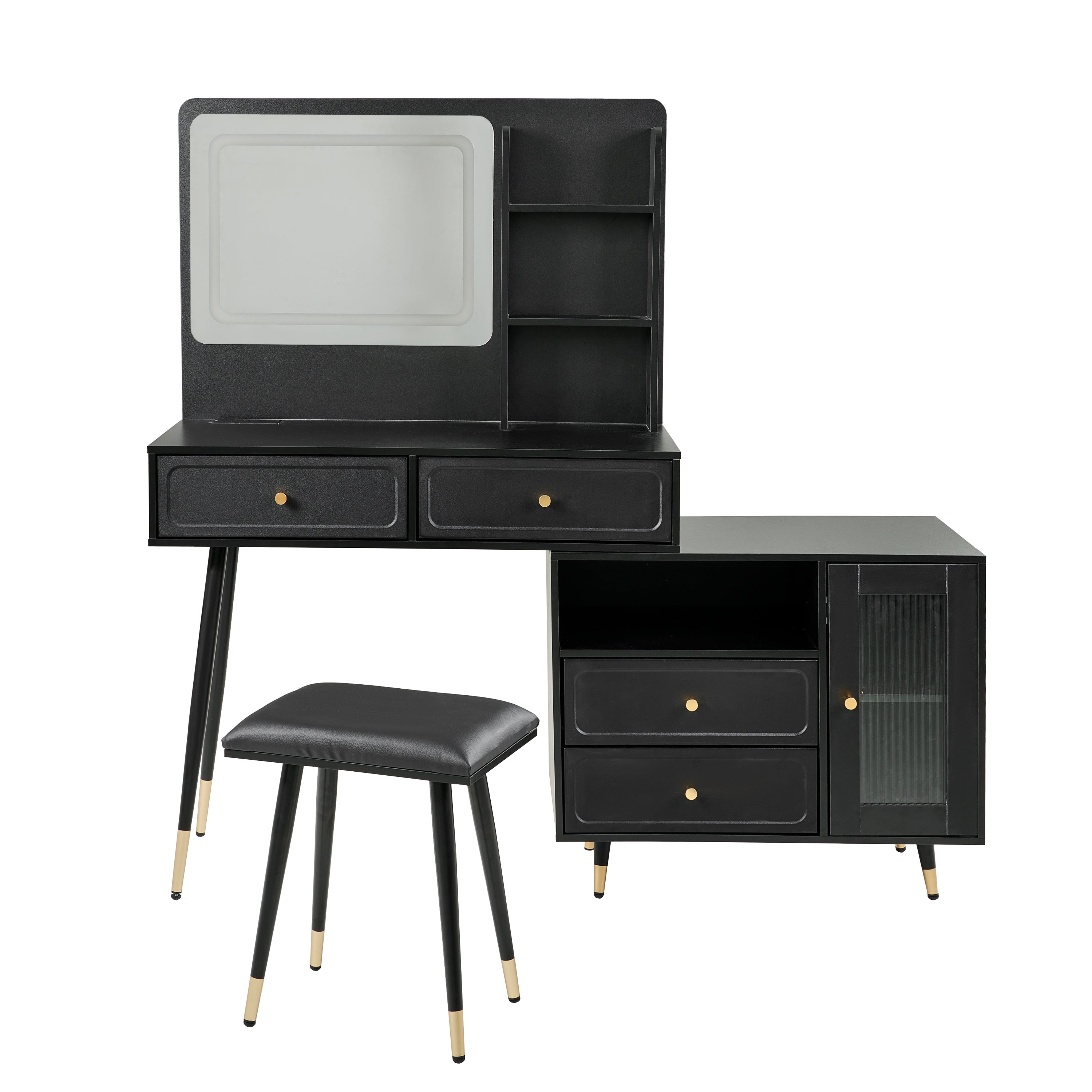 Modern Makeup Vanity Desk with Mirror and Lights, Retractable Design, Black Engineered Wood, 58.50 x 15.80 x 52.30 inches - Grand Goldman Shop