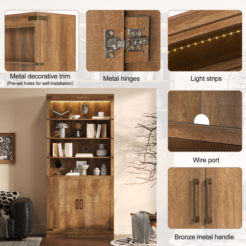 83.4'Tall Modern Bookshelf with Doors, Farmhouse Bookcase with 3-Tier Adjustable Shelves, Display Shelves with LED Light,Larg