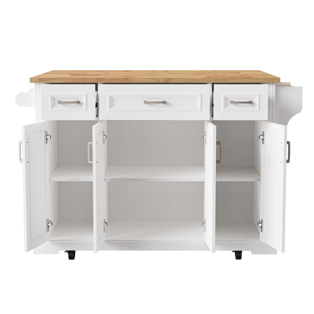 K&K 54inch Large Kitchen Island with Rubber Wood Drop Leaf, Embossed Texture Rolling Kitchen Cart on 4 Wheels with 4 Doors and 3 Drawers, Kitchen Island with Storage for Kitchen, Dining Room,White - Grand Goldman Shop