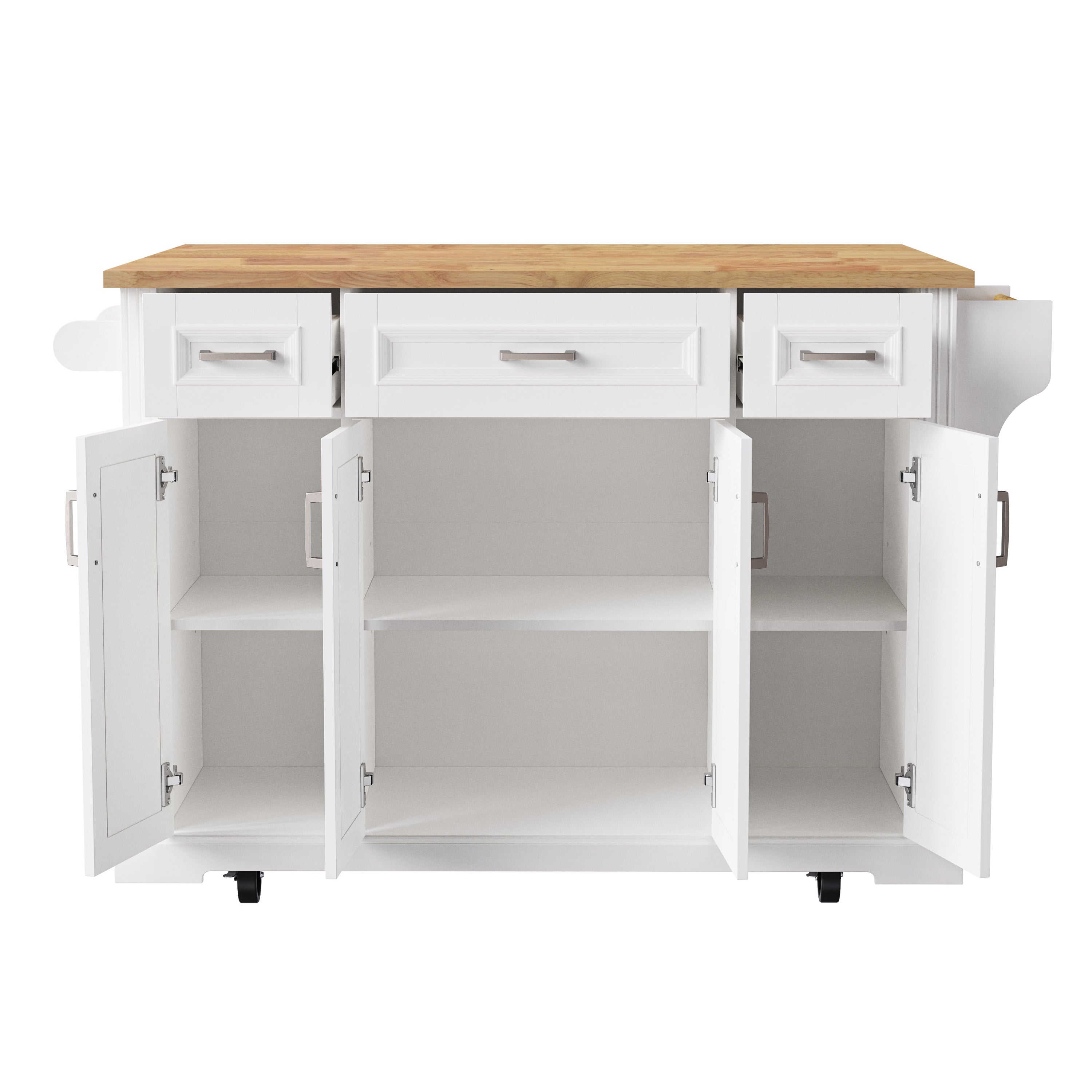 K&K 54inch Large Kitchen Island with Rubber Wood Drop Leaf, Embossed Texture Rolling Kitchen Cart on 4 Wheels with 4 Doors and 3 Drawers, Kitchen Island with Storage for Kitchen, Dining Room,White - Grand Goldman Shop