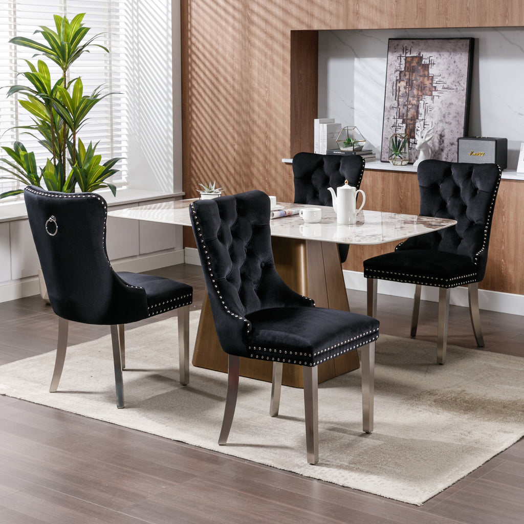Nikki Collection Modern, High-end Tufted Solid Wood Contemporary Velvet Upholstered Dining Chair with Chrome Stainless Steel Plating Legs,Nailhead Trim,Set of 2,Black and Chrome, SW1701BK - Grand Goldman Shop