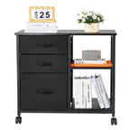 Mobile Metal File Cabinet with 3 Fabric Drawers and 2 Open Shelves Black | Premium Home Decor - Grand Goldman
