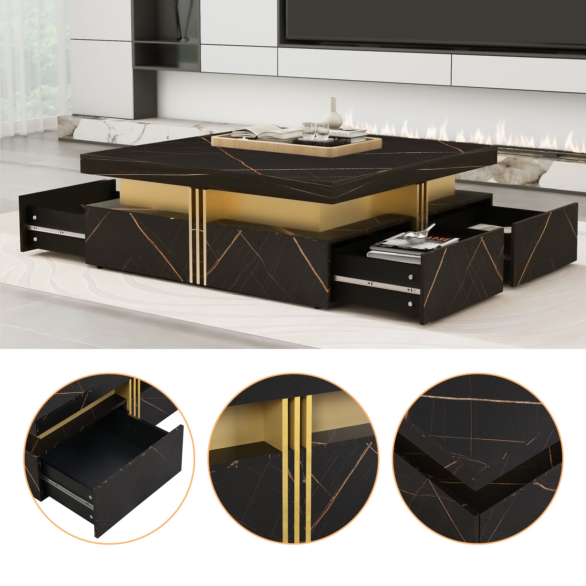 Modern Black Square Storage Coffee Table With 4 Drawers - Grand Goldman Shop