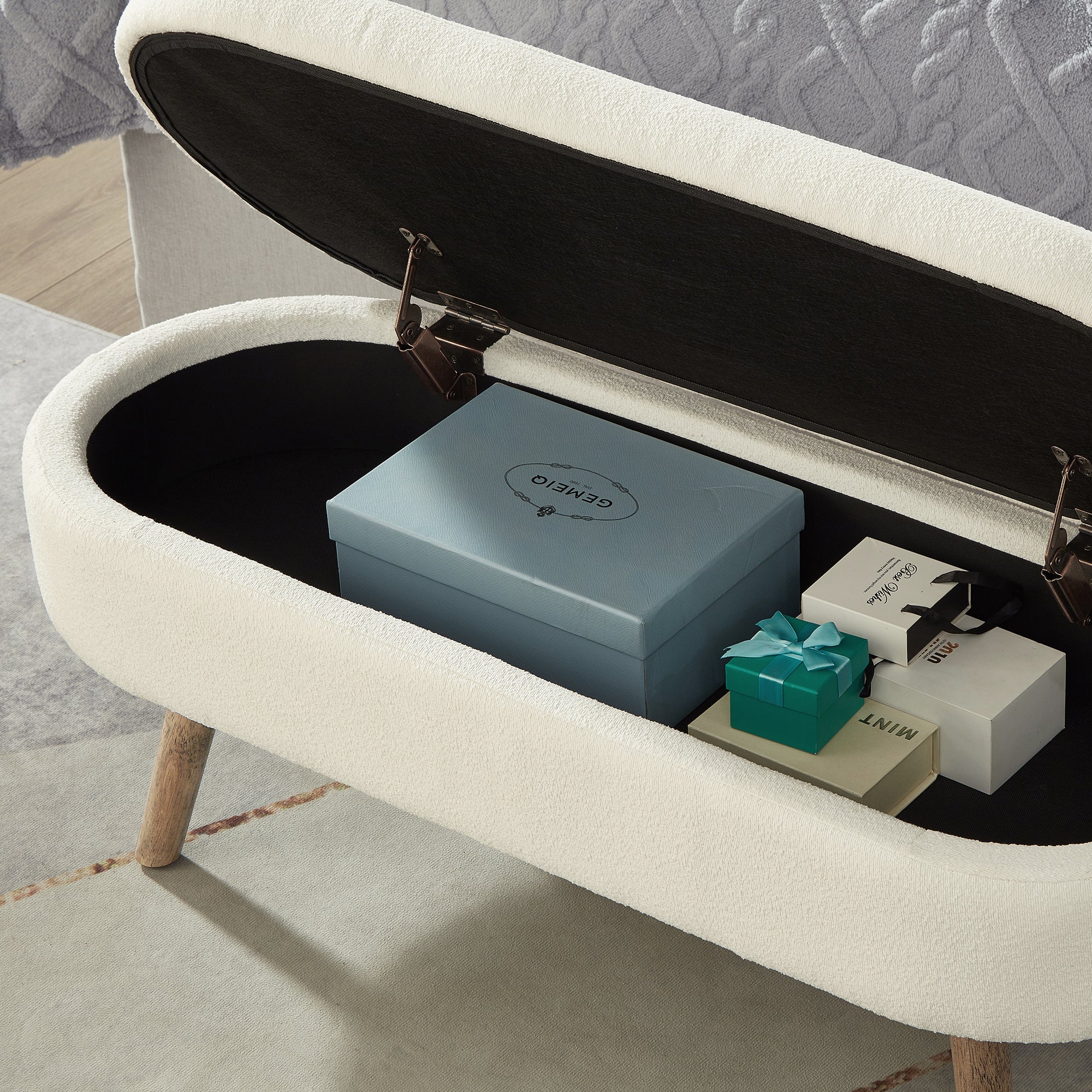 Luxury Oval Boucle Storage Ottoman Bench with Wood Legs 350lb Weight Capacity & Safety Hinge, for Living Room, Bedroom Entryway,IVORY - Grand Goldman Shop