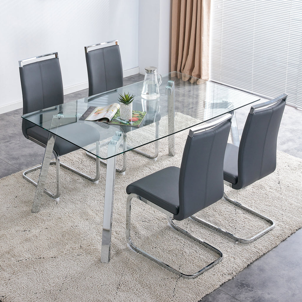 A modern minimalist rectangular glass dining table with tempered glass tabletop and silver metal legs, suitable for kitchens, restaurants, and living rooms,63'*35.4'*30' - Grand Goldman Shop