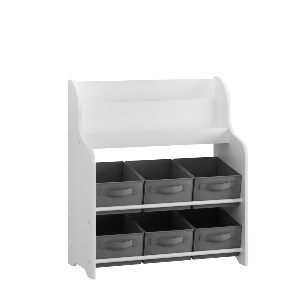 Kids Bookshelf with 6 Fabric Storage Bins, Multi-Functional Children's Bookcase and Toy Organizer, Front-Facing Display Shelf