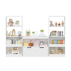 White Book Organizer with Large Drawers and Open Shelves, MDF Toy Storage Cabinet with Removable Wheels and Rounded Edges | P