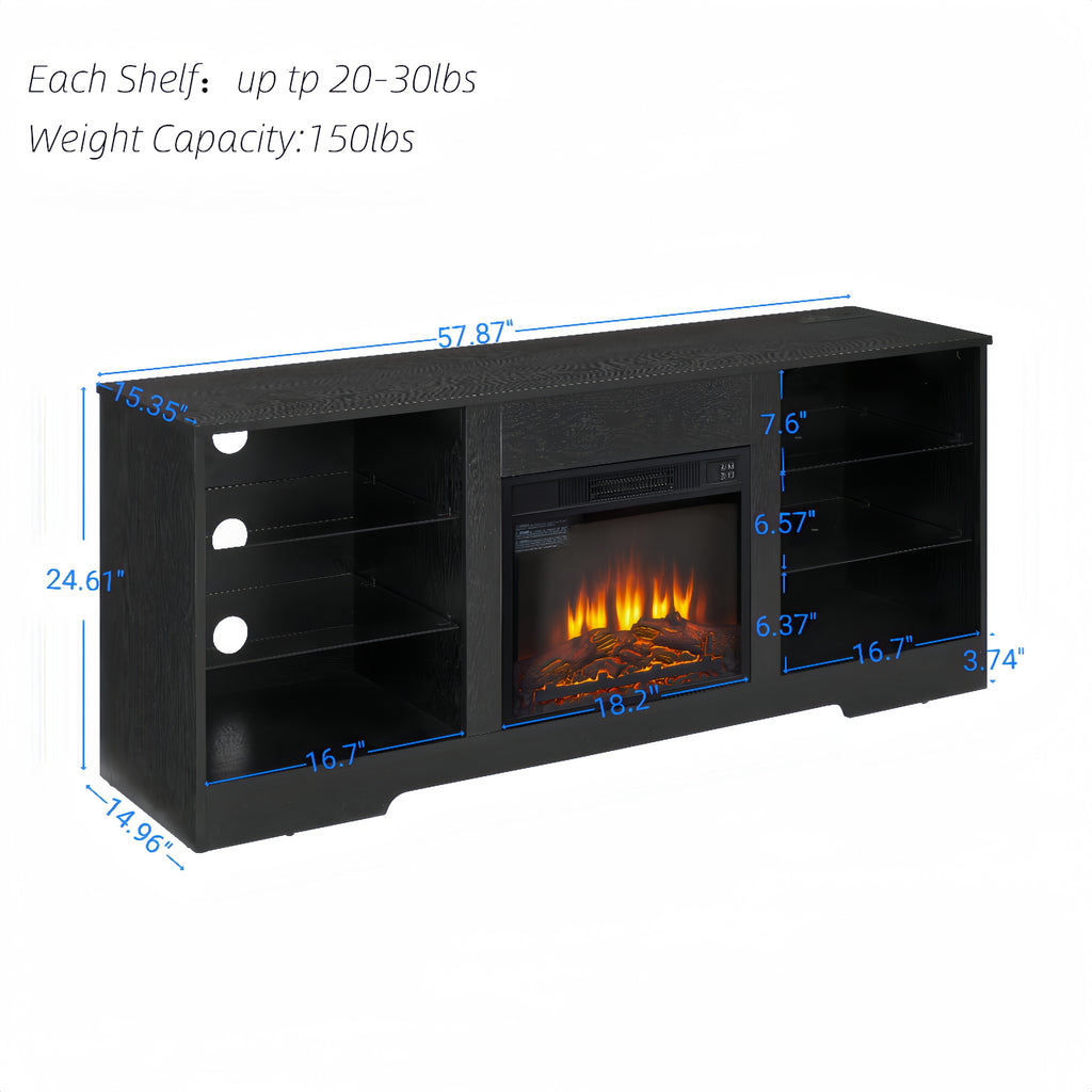 TV Stand Electric Fireplace TV Stand with Glass Shelves, 3D Fireplace TV Stand with LED Lights Wood with USB Charging Outlet Modern Television Table Center for TV up to 32-62' Black 58''W*15.4''D*24.6 - Grand Goldman Shop