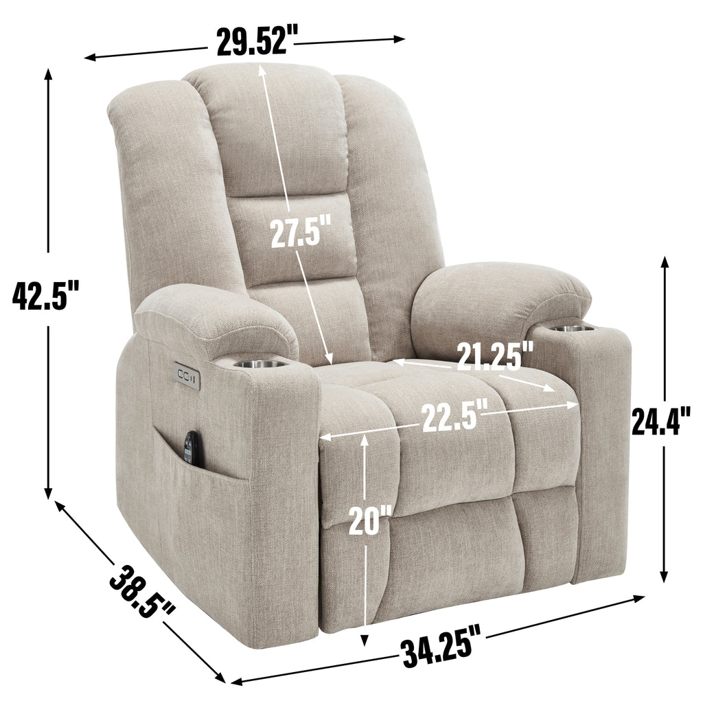 Power Lift Recliner Chair with Massage and Heat for Elderly, Overstuffed Wide Recliners, Heavy Duty Motion Mechanism with USB and Type C Ports, 2 Steel Cup Holders, Beige - Grand Goldman Shop