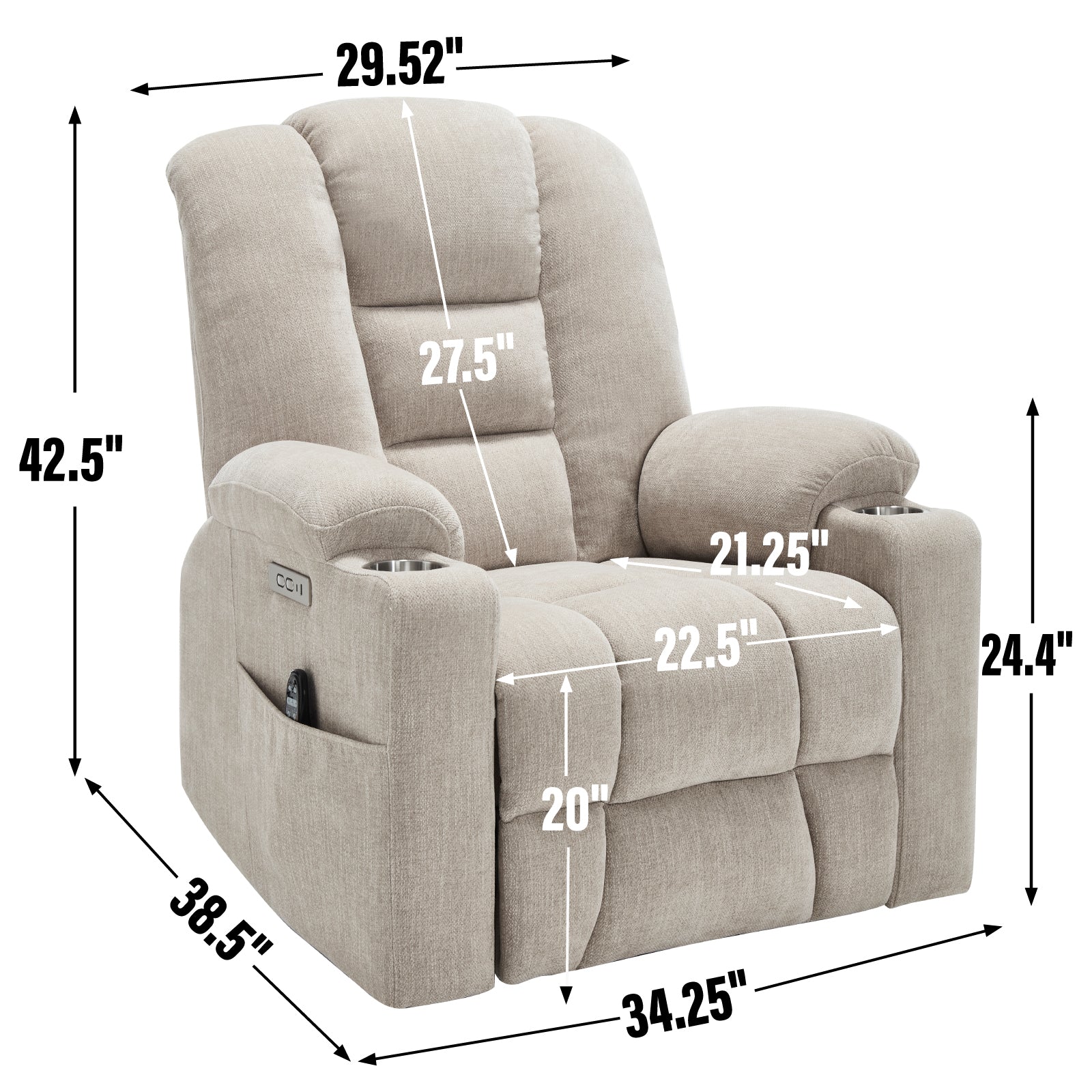 Power Lift Recliner Chair with Massage and Heat for Elderly, Overstuffed Wide Recliners, Heavy Duty Motion Mechanism with USB and Type C Ports, 2 Steel Cup Holders, Beige - Grand Goldman Shop
