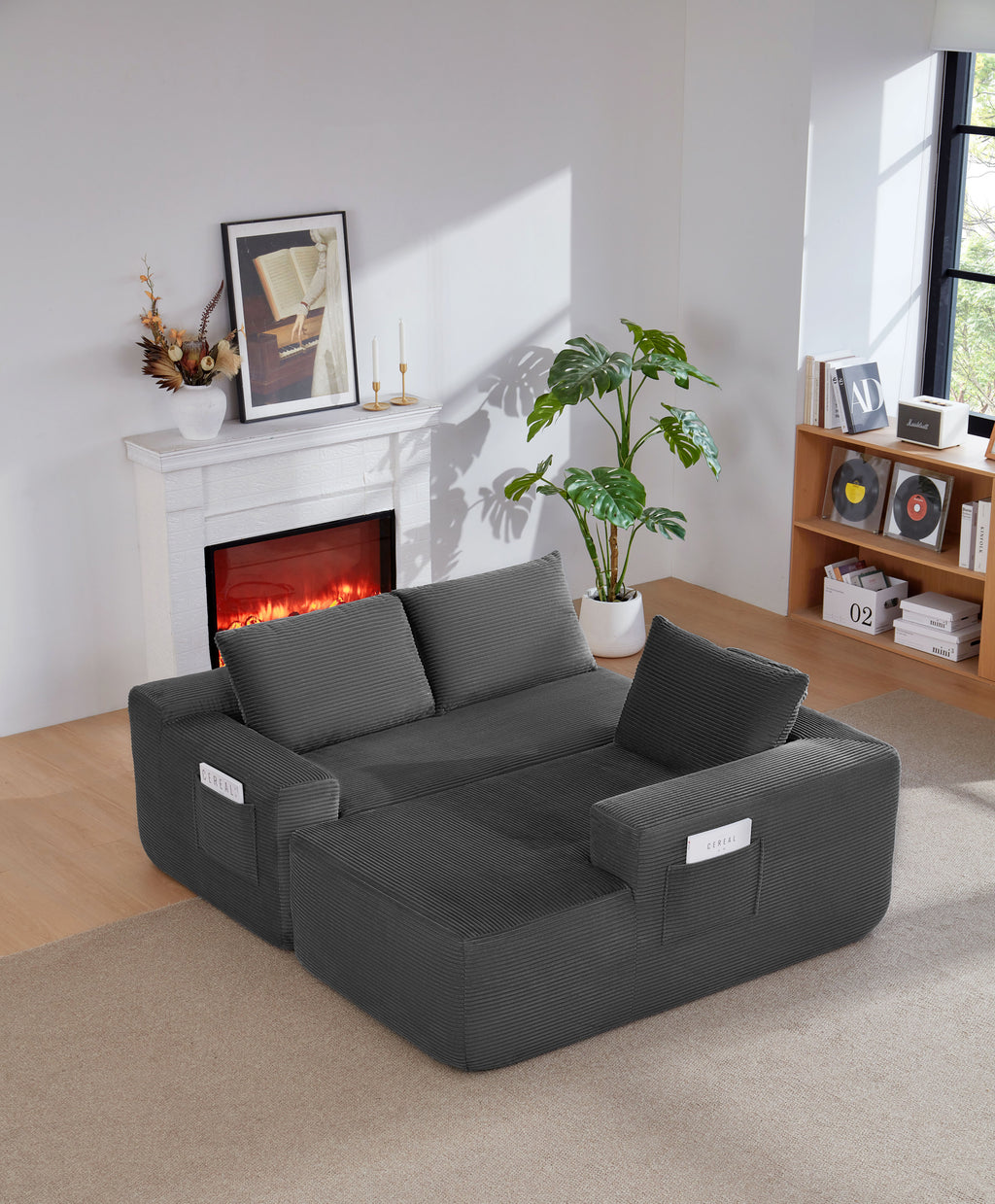 96.9'Compressible doubleCloud Sectional Couch with L-Shape Chaise,Modern Modular Sofa with Deep Seat,Upholstered Couches for Living Room Bedroom,No Assembly Required,(Plush Corduroy Fabric),Grey Right - Grand Goldman Shop