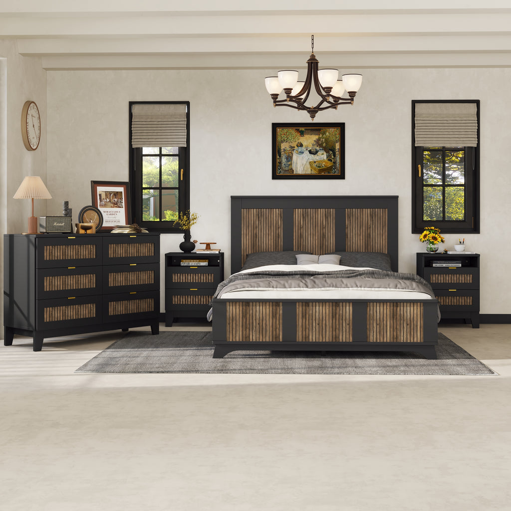 4-Pieces Bedroom Sets, Queen Size Farmhouse Platform Bed with Wooden Strip Stickers Decoration, Storage Nightstand and Dresser with Metal Handle, Black(Old SKU: HL000191AAB) - Grand Goldman Shop