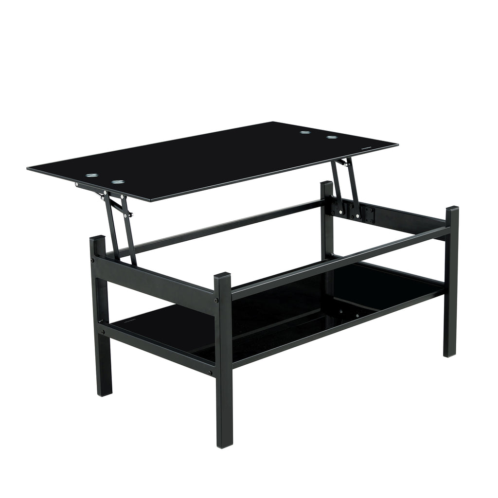 Modern Simple Lift Top Coffee Table with 2-Layer Tempered Glass in Black for Living Room - Grand Goldman Shop