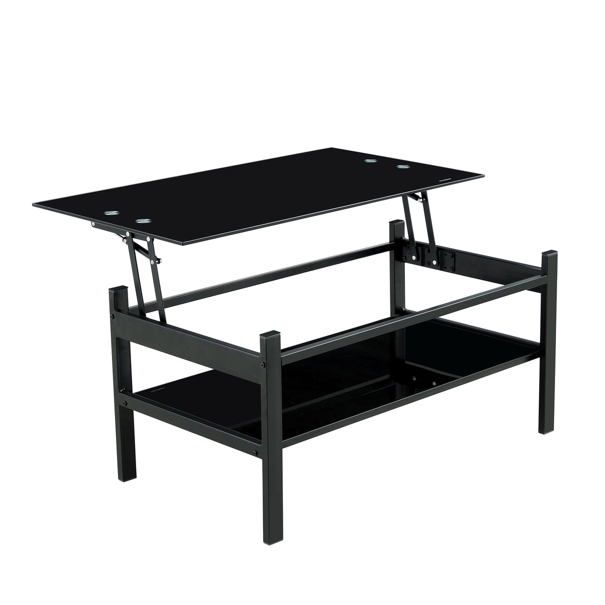 Modern Simple Lift Top Coffee Table with 2-Layer Tempered Glass in Black for Living Room - Grand Goldman Shop
