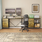 Industrial L-Shaped Computer Desk with Power Outlets & USB-C, Rustic Brown Metal Frame, 6 Fabric Drawers, 3 Open Shelves, Mov
