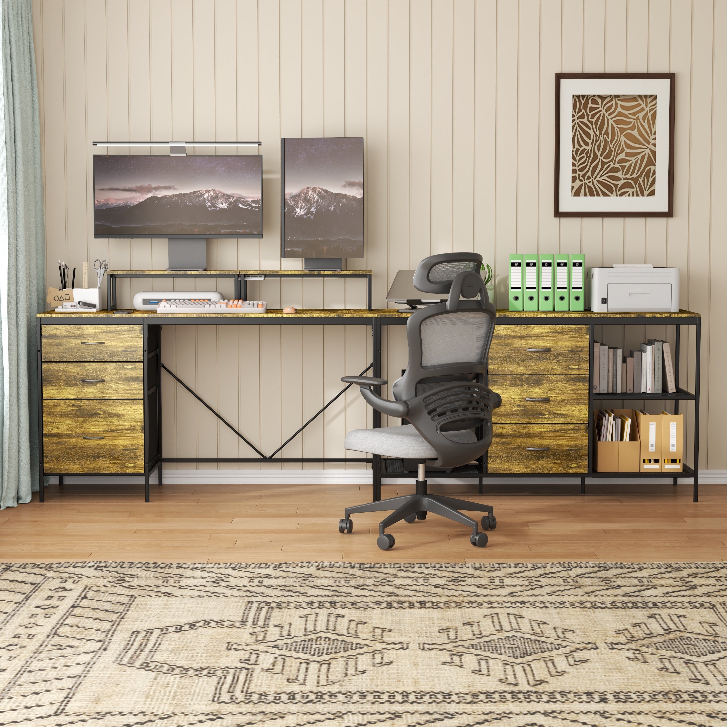 Industrial L-Shaped Computer Desk with Power Outlets & USB-C, Rustic Brown Metal Frame, 6 Fabric Drawers, 3 Open Shelves, Mov