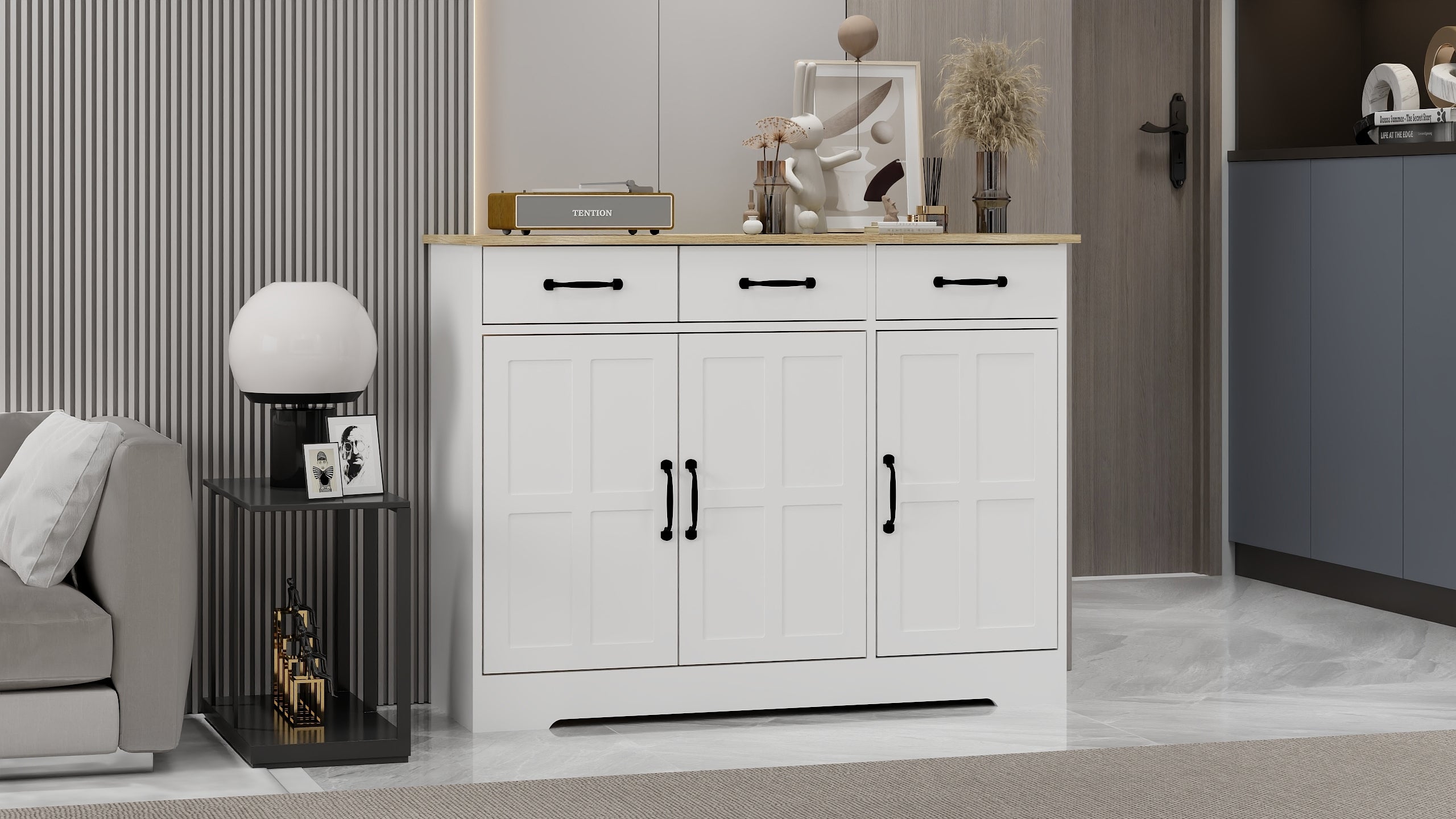 Farmhouse Buffet Cabinet Storage Sideboard with 3 Drawers and 3 Doors for Dining Living Room Kitchen Cupboard-White - Grand Goldman Shop