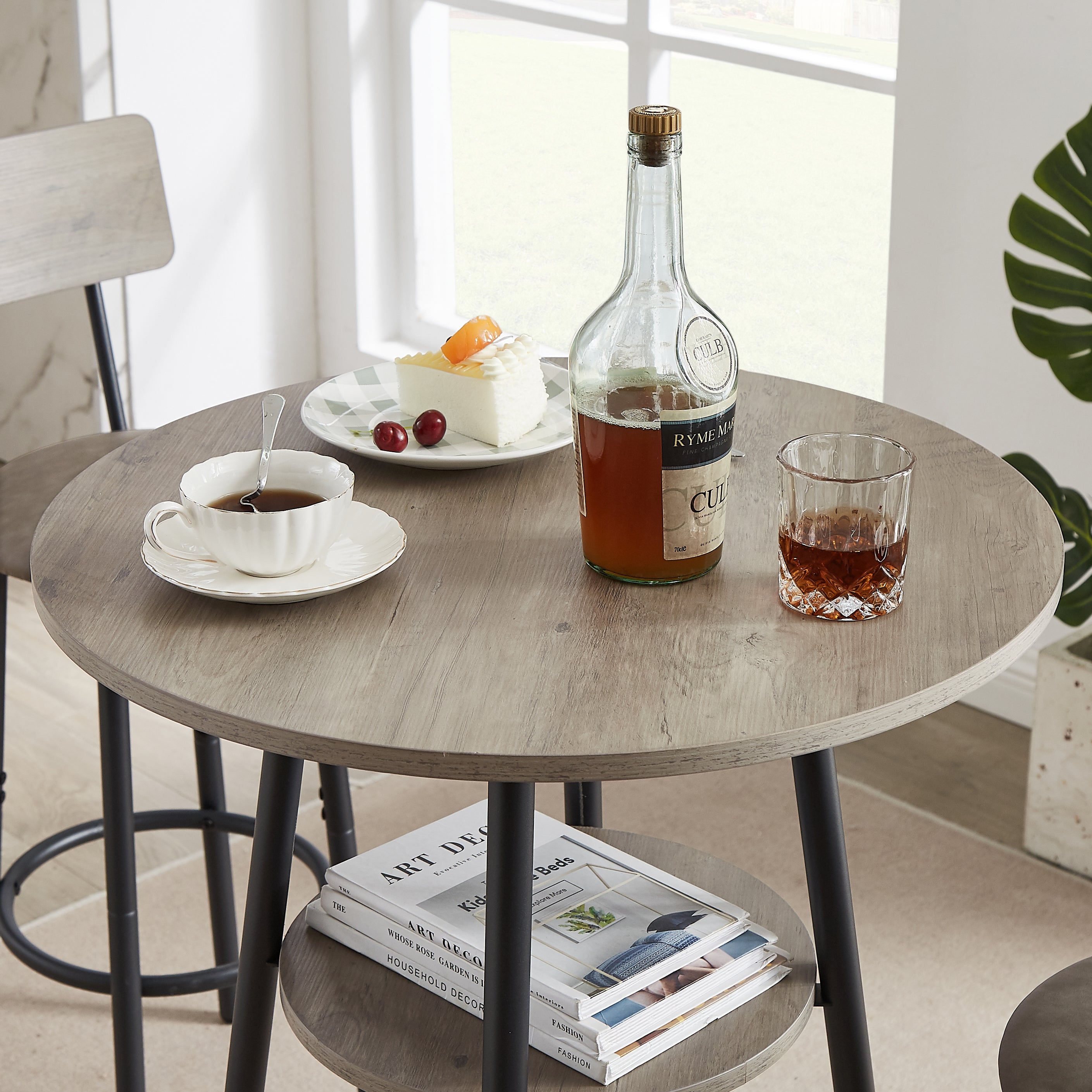 Round bar stool set with shelf, upholstered stool with backrest Grey, 23.62'' W x 23.62'' D x 35.43'' H. - Grand Goldman Shop