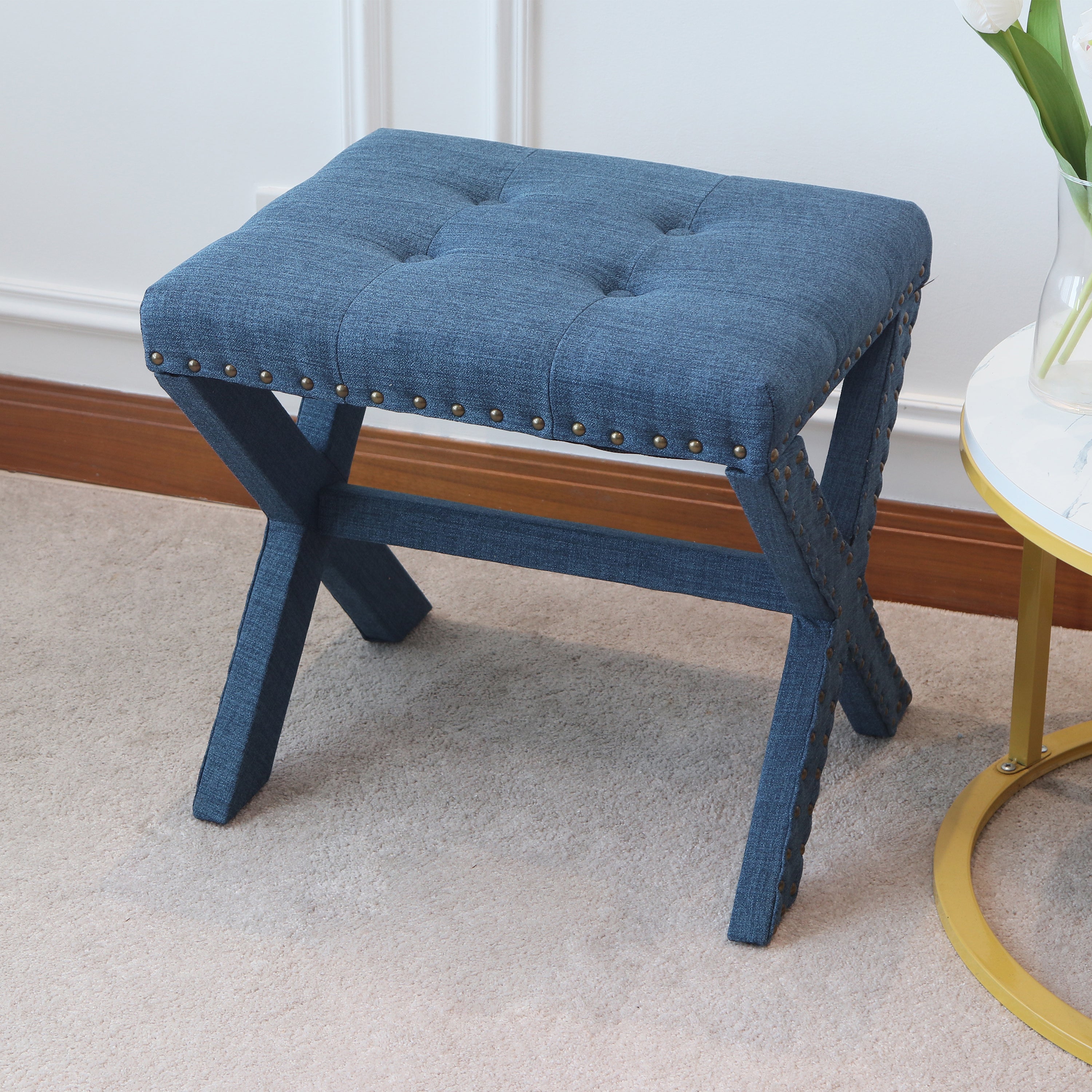 Accent Stool, Tufted Linen Upholstered Chair, X-Base Wood Seat with Nailhead Trim, 17'D x 19'W x 17'H, 300 lbs Capacity - Grand Goldman Shop