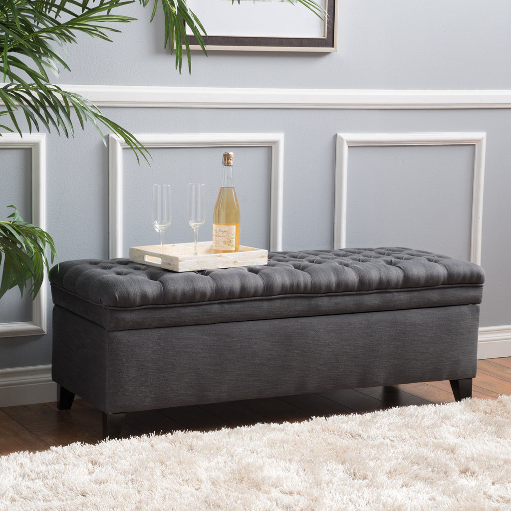 JULIANA Stylish Storage Ottoman with Extra Seating in Gray Fabric, 50x20.5x18.3 inches - Grand Goldman Shop