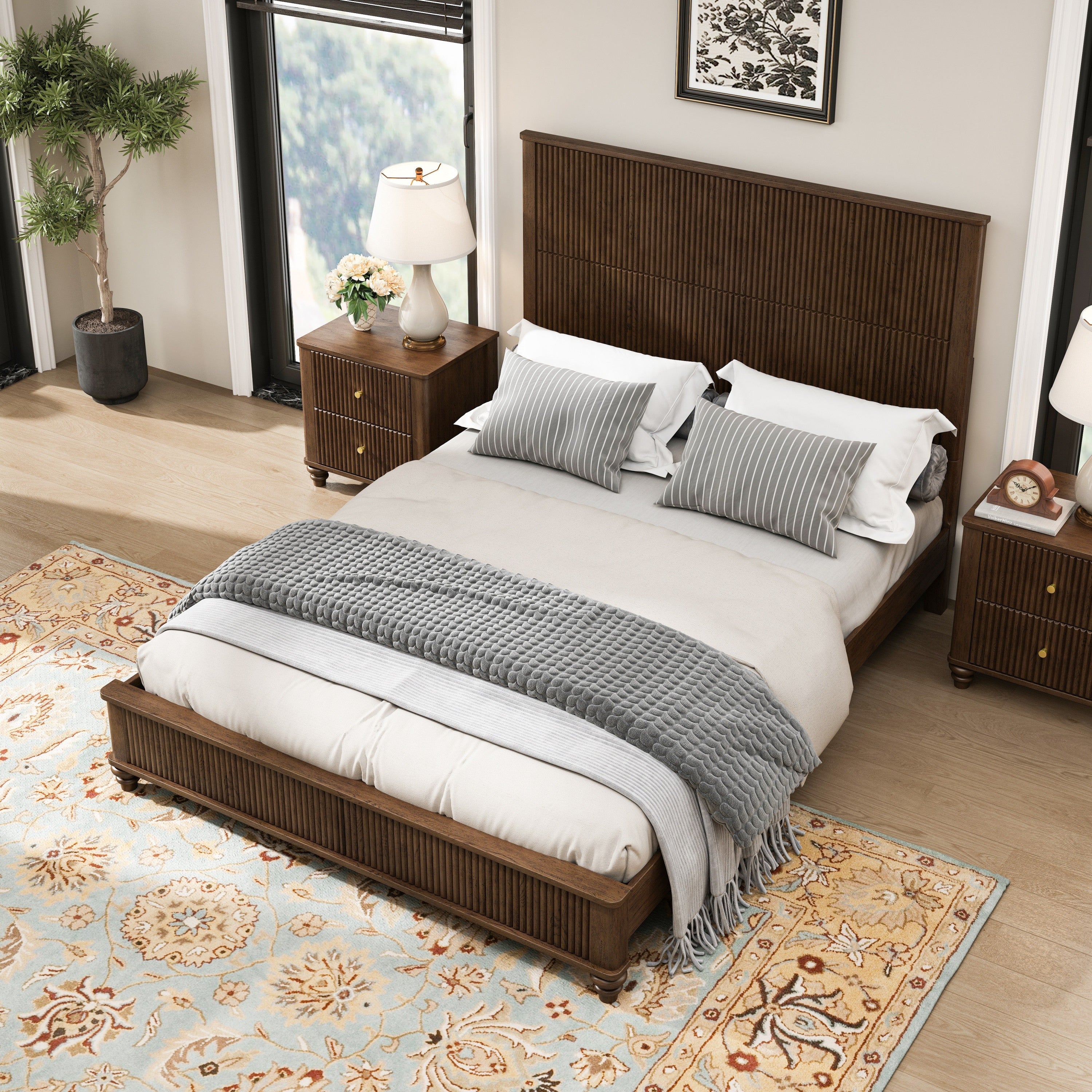 3-Piece Bedroom Set with Queen Bed and 2 Nightstands, Walnut Brown - Grand Goldman Shop