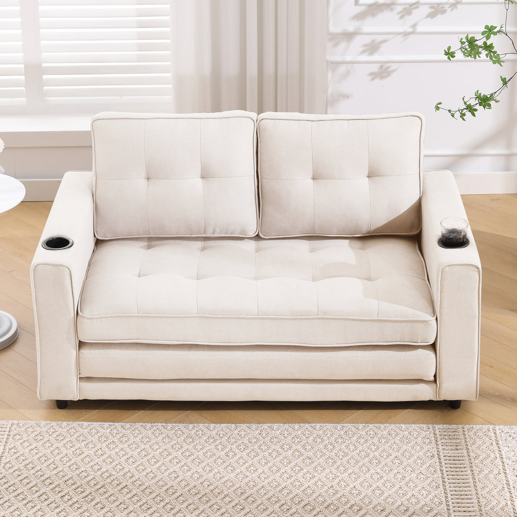 {VIDEO Provided}3-in-1 Upholstered Futon Sofa Convertible Sofa bed,Foldable Tufted Loveseat with Pull Out Sleeper Couch Bed,Folding Mattres Love Seat Daybed W/Side Pockets and Cup Holder, Beige - Grand Goldman Shop