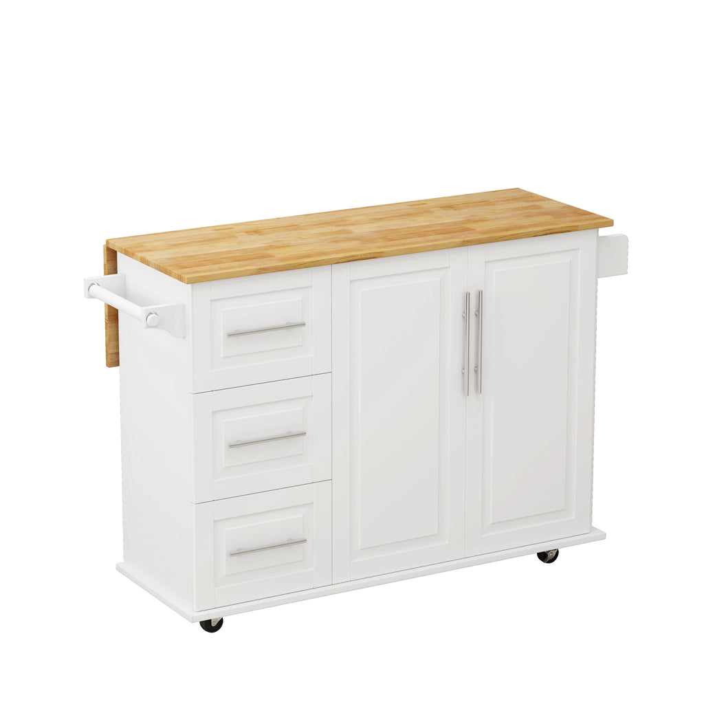 White Kitchen Island Cart with 2 Door Cabinet, 3 Drawers, Spice Rack & Towel Rack, Solid Wood Top, 43.31 Inch Width - Grand Goldman Shop