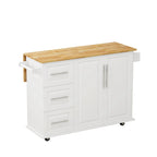 White Kitchen Island Cart with 2 Door Cabinet, 3 Drawers, Spice Rack & Towel Rack, Solid Wood Top, 43.31 Inch Width - Grand Goldman Shop
