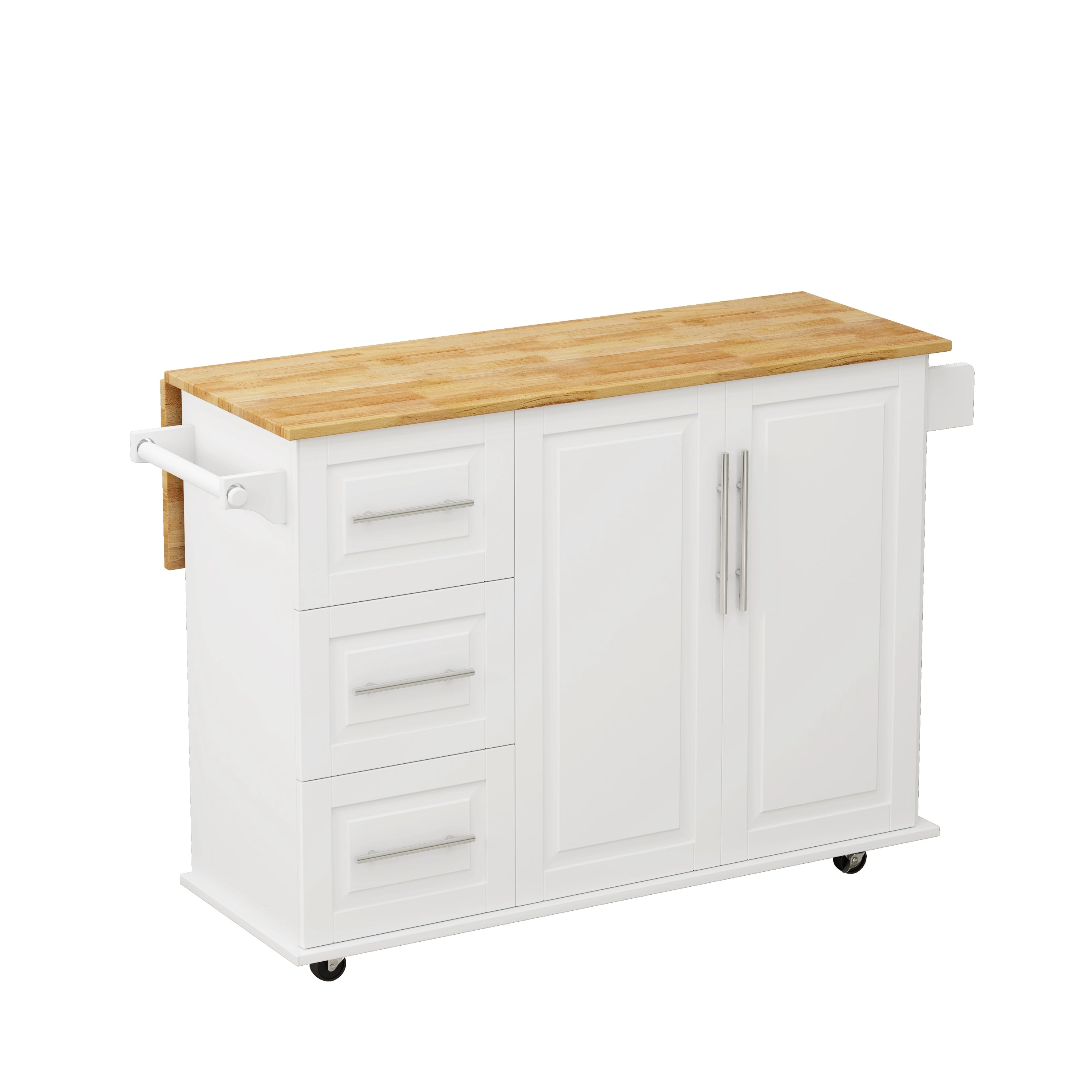 White Kitchen Island Cart with 2 Door Cabinet, 3 Drawers, Spice Rack & Towel Rack, Solid Wood Top, 43.31 Inch Width - Grand Goldman Shop