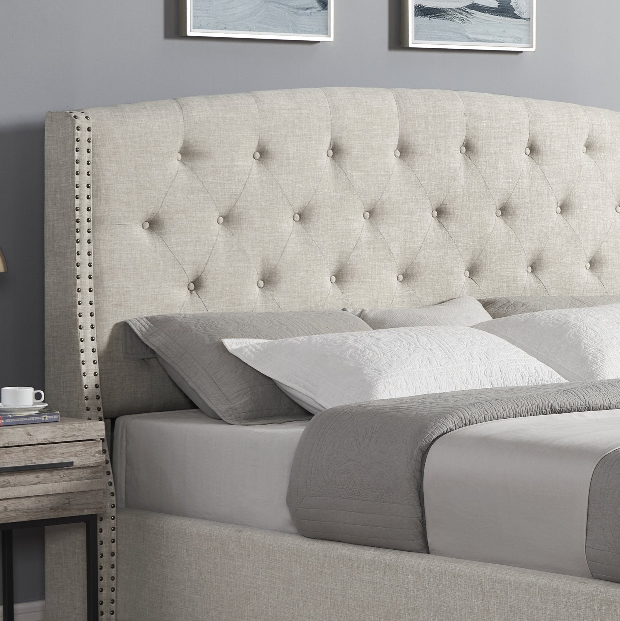 Astral 3-Piece Upholstered Bedroom Set, Tufted Wingback Bed with Two White Nightstands - Grand Goldman Shop