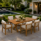 7-teiliges Outdoor-Esszimmer-Set aus Akazienholz, modern mit 6 Stühlen und 1 großem Tisch, Essmöbel-Set für Rasen, Garten, Terrasse, Poolbereich, Teakholz-Optik