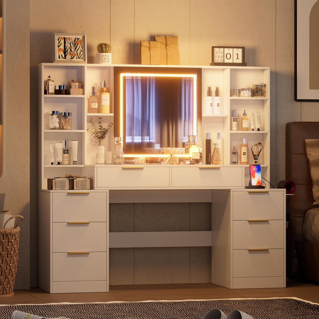 Makeup Vanity Desk with Mirror and Lights, 59' Large Vanity Table with 8Drawers & Open Storage Shelves, Brightness Adjustable, Dressing Table for Bedroom, Women and Girl - Grand Goldman Shop