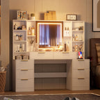 Makeup Vanity Desk with Mirror and Lights, 59' Large Vanity Table with 8Drawers & Open Storage Shelves, Brightness Adjustable, Dressing Table for Bedroom, Women and Girl - Grand Goldman Shop