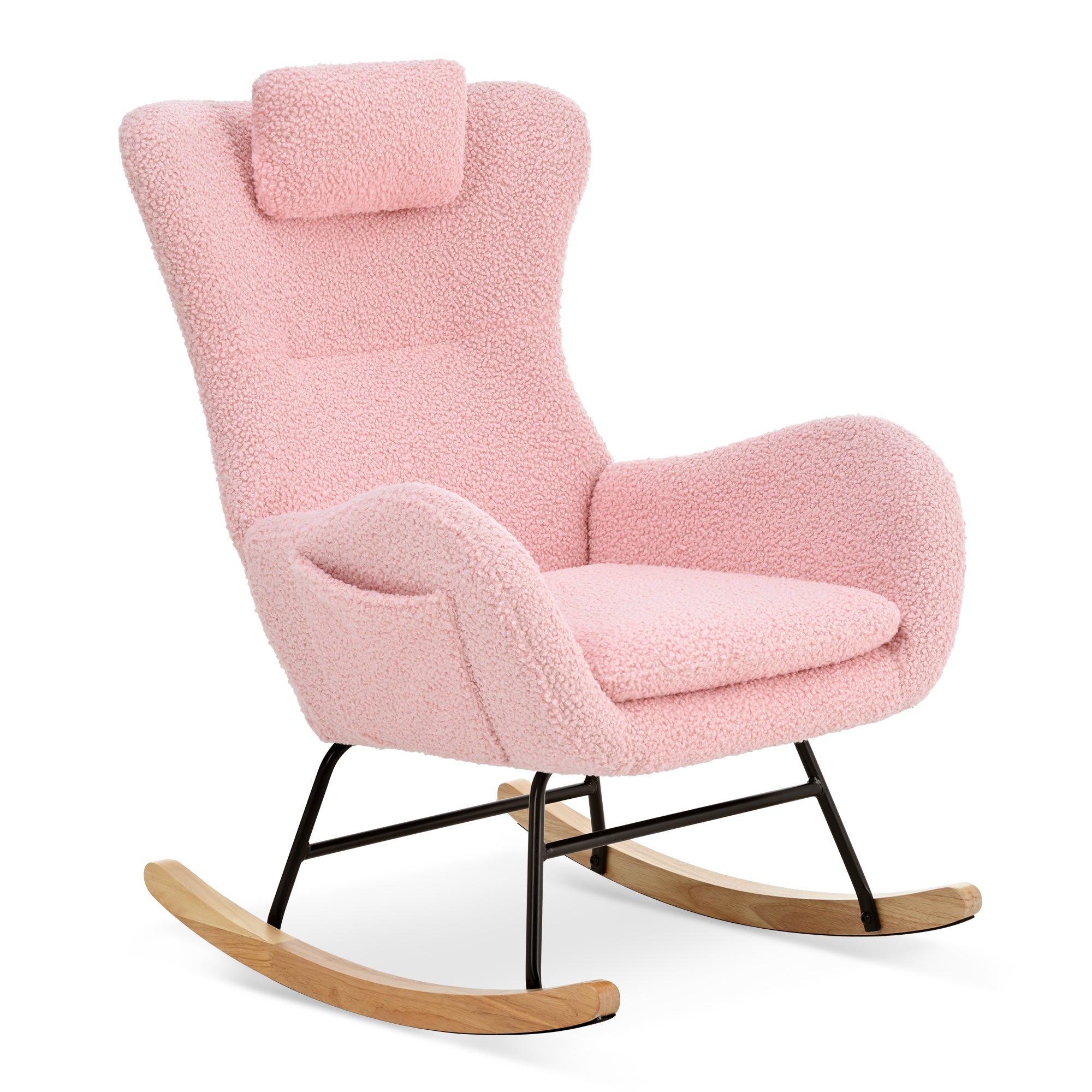 Rocking Chair Nursery, Teddy Upholstered Rocker Glider Chair with High Backrest, Adjustable Headrest & Pocket, Comfy Glider Chair for Nursery, Bedroom, Living Room, Offices, Rubber wood, pink - Grand Goldman Shop