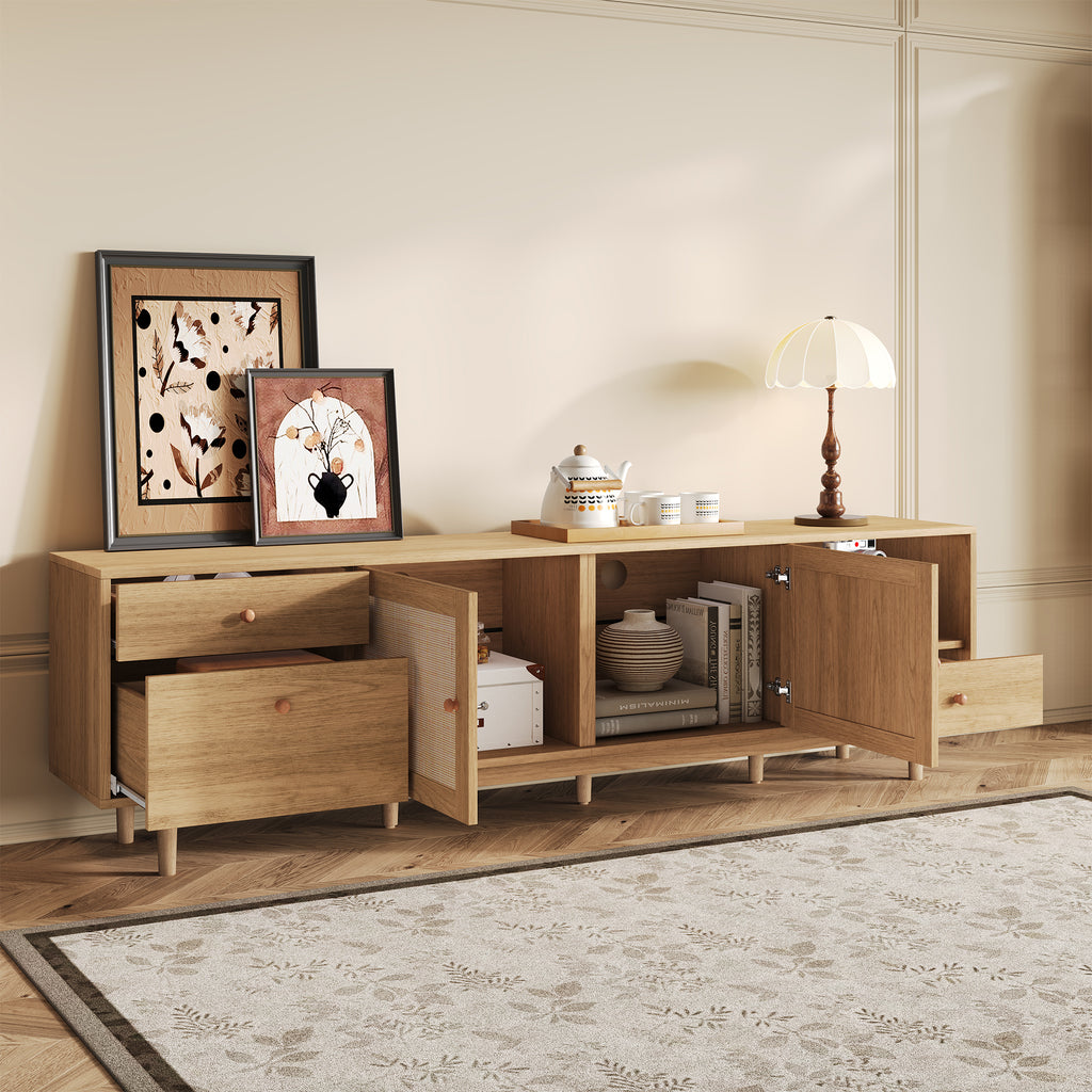 Boho TV Stand for 65 75 85 Inch TV with Real Rattan Doors, Modern Wood Media Console in Natural Finish, 76.6'' L x 15.7'' W x 23.6'' H - Grand Goldman Shop